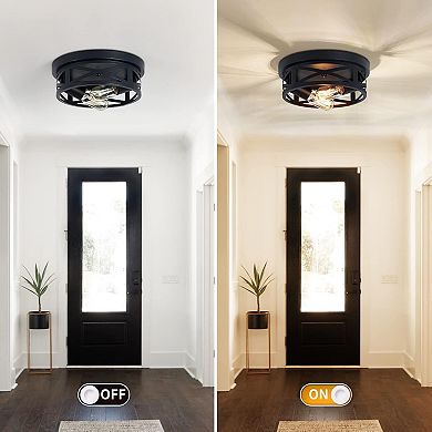 Industrial Farmhouse Flush Mount Ceiling Light Black Metal Cage for Hallway E26 Base 10.63in