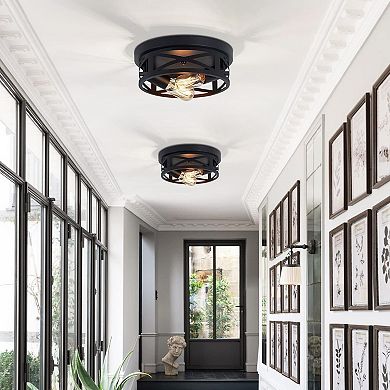 Industrial Farmhouse Flush Mount Ceiling Light Black Metal Cage for Hallway E26 Base 10.63in