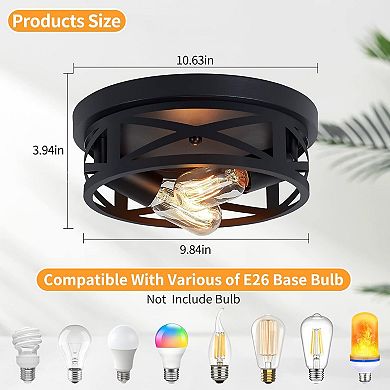 Industrial Farmhouse Flush Mount Ceiling Light Black Metal Cage for Hallway E26 Base 10.63in