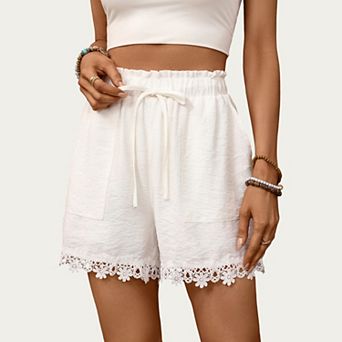 High Waist Drawstring Shorts with Lace Trim Hem and Relaxed Fit Lightweight Woven Design