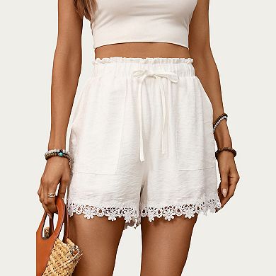 High Waist Drawstring Shorts with Lace Trim Hem and Relaxed Fit Lightweight Woven Design