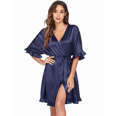 Ekouaer Womens Silk Ruffle Robe Short Satin Kimono Robe Half Sleeve Bathrobe Bridesmaid Wedding