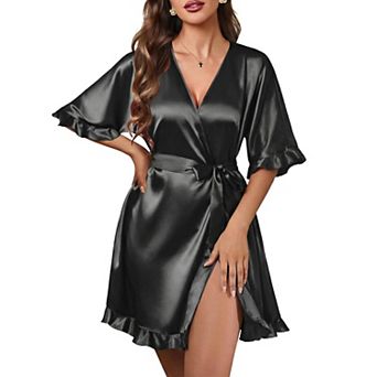 Ekouaer Womens Silk Ruffle Robe Short Satin Kimono Robe Half Sleeve Bathrobe Bridesmaid Wedding