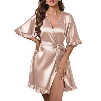 Ekouaer Womens Silk Ruffle Robe Short Satin Kimono Robe Half Sleeve Bathrobe Bridesmaid Wedding
