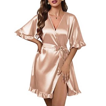 Ekouaer Womens Silk Ruffle Robe Short Satin Kimono Robe Half Sleeve Bathrobe Bridesmaid Wedding
