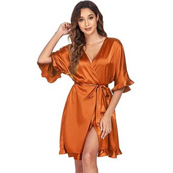 Ekouaer Womens Silk Ruffle Robe Short Satin Kimono Robe Half Sleeve Bathrobe Bridesmaid Wedding