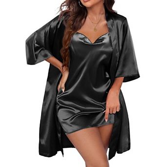 Ekouaer Women's Satin Robe Set Nightgown with Robes Silk Pajama Set 2 pc Lingerie Cowl Neck