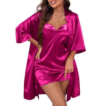 Ekouaer Women's Satin Robe Set Nightgown with Robes Silk Pajama Set 2 pc Lingerie Cowl Neck
