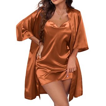 Ekouaer Women's Satin Robe Set Nightgown with Robes Silk Pajama Set 2 pc Lingerie Cowl Neck