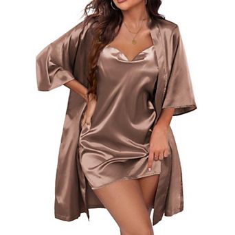 Ekouaer Women's Satin Robe Set Nightgown with Robes Silk Pajama Set 2 pc Lingerie Cowl Neck
