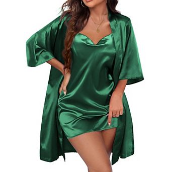 Ekouaer Women's Satin Robe Set Nightgown with Robes Silk Pajama Set 2 pc Lingerie Cowl Neck