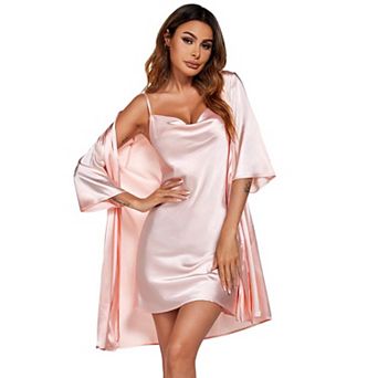 Ekouaer Women's Satin Robe Set Nightgown with Robes Silk Pajama Set 2 pc Lingerie Cowl Neck