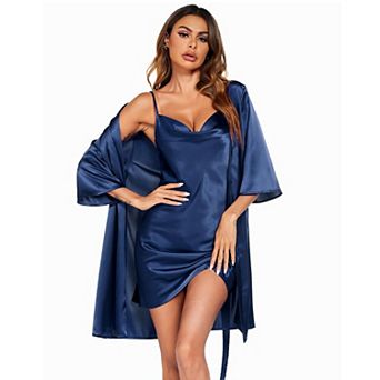 Ekouaer Women's Satin Robe Set Nightgown with Robes Silk Pajama Set 2 pc Lingerie Cowl Neck