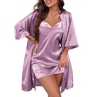 Ekouaer Women's Satin Robe Set Nightgown with Robes Silk Pajama Set 2 pc Lingerie Cowl Neck