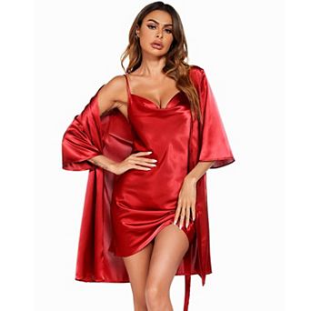 Ekouaer Women's Satin Robe Set Nightgown with Robes Silk Pajama Set 2 pc Lingerie Cowl Neck