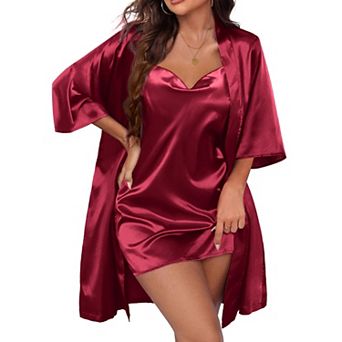 Ekouaer Women's Satin Robe Set Nightgown with Robes Silk Pajama Set 2 pc Lingerie Cowl Neck