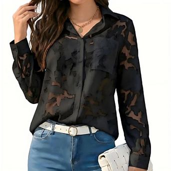 Women Dressy Casual Blouses Long Sleeve V Neck Chiffon Burnout Shirts Loose Business Work Top