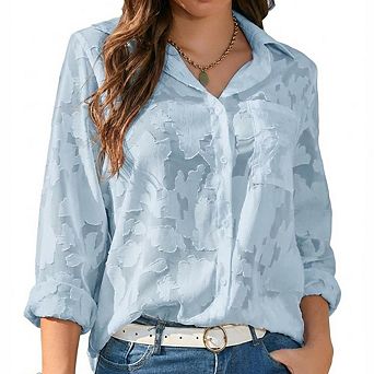 Women Dressy Casual Blouses Long Sleeve V Neck Chiffon Burnout Shirts Loose Business Work Top