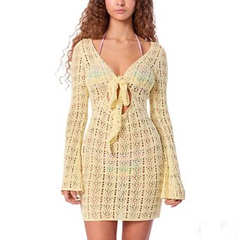 Women's Tie Front Hollow Out Crochet Swim Cover Up Short Dress Bell Summer Long Sleeve Beach Dress