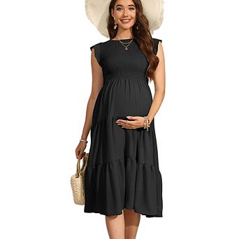 Maternity Summer Casual Shirred Sleeve Crew Neck Smocked Elastic Waist Tiered Midi Dress