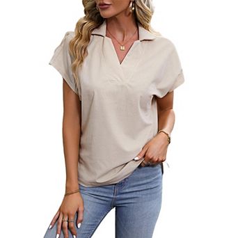 Women's Summer Textured Collared V Neck Shirt Short Sleeve Boho Top Loose Fit Casual Work Blouse