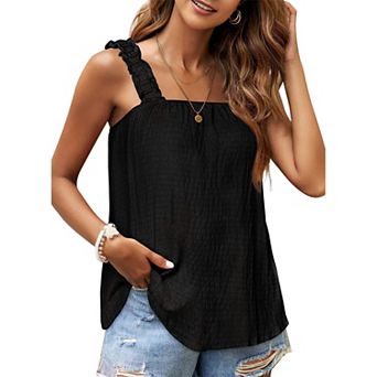 Women's Ruffle Smocked Strap Textured Cami Tank Top Summer Casual Square Neck Sleeveless Flowy Shirt