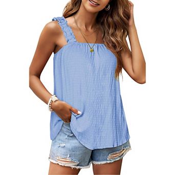 Women's Ruffle Smocked Strap Textured Cami Tank Top Summer Casual Square Neck Sleeveless Flowy Shirt
