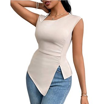 Womens Summer Asymmetrical Neck Ruched Boho Top Sleeveless Slim Fit Bodycon Shirt Casual Work Blouse