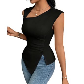 Womens Summer Asymmetrical Neck Ruched Boho Top Sleeveless Slim Fit Bodycon Shirt Casual Work Blouse