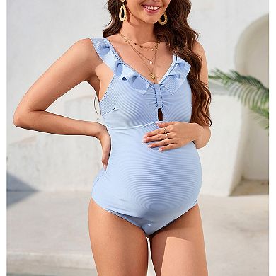 Womens Maternity Ruffled Ruched Keyhole Boho One Piece Swimsuit Summer Casual V Neck Bathing Suit