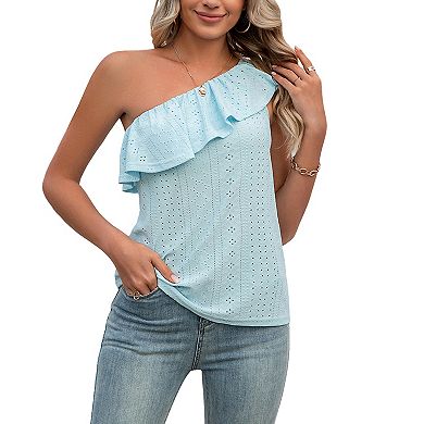 Women's Hollow Out One Shoulder Eyelet Summer Top Ruffle Trim Casual Blouse Soft Boho Work Shirt
