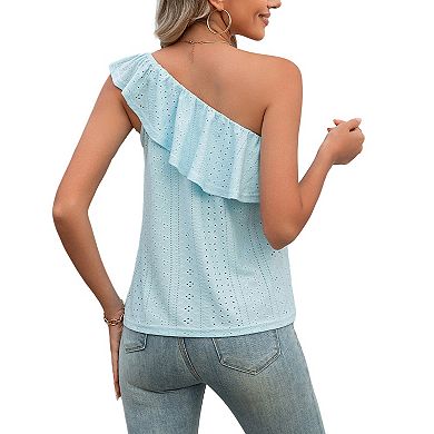 Women's Hollow Out One Shoulder Eyelet Summer Top Ruffle Trim Casual Blouse Soft Boho Work Shirt