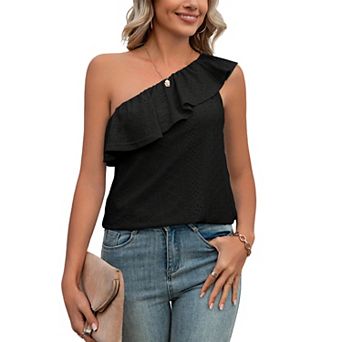 Women's Hollow Out One Shoulder Eyelet Summer Top Ruffle Trim Casual Blouse Soft Boho Work Shirt