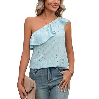 Women's Hollow Out One Shoulder Eyelet Summer Top Ruffle Trim Casual Blouse Soft Boho Work Shirt