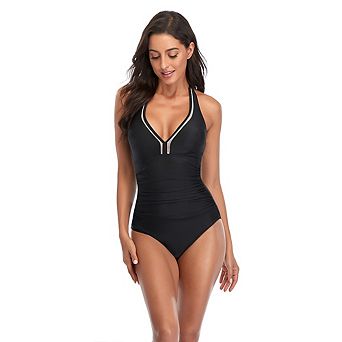 Halter Ruched One Piece Swimsuit, Tummy Control Slim Fit Bathing Suit for Vacation