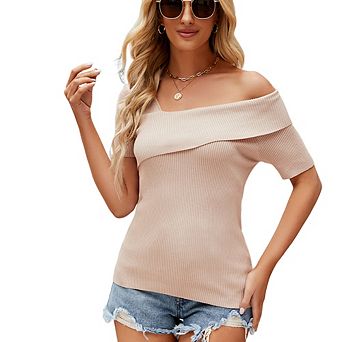 Womens Summer Off The Shoulder Sweaters Going Out Knit Pullover Lightweight Asymmetrical Tops
