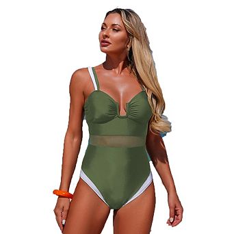 Mesh Panel Color Block One Piece Swimsuit, Slim Fit Bathing Suit for Beach Vacation