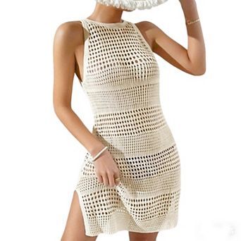 Women's Crochet Hollow Out Knit Swim Cover Up Dress Halter Neck Summer Open Back Beach Short Dress