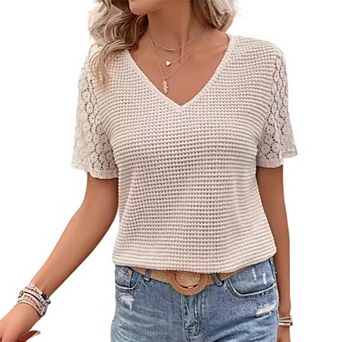 Women's Crochet Lace Short Sleeve Summer Shirt Loose Fit V Neck Textured Boho Top Casual Work Blouse