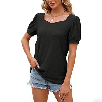 Women's Textured Puff Short Sleeve Boho Top Eyelet Square Neck Shirt Casual Summer Loose Fit Blouse