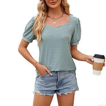 Women's Textured Puff Short Sleeve Boho Top Eyelet Square Neck Shirt Casual Summer Loose Fit Blouse