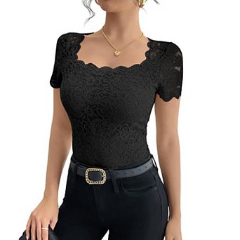 Women's Short Sleeve Floral Lace Summer Boho Shirt Square Neck Silm Fit Sheer Top Casual Soft Blouse
