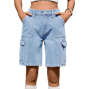 Bermuda Cargo Shorts for Women Casual Long Knee Length High Waisted Stretch Wide Leg Relaxed Fit