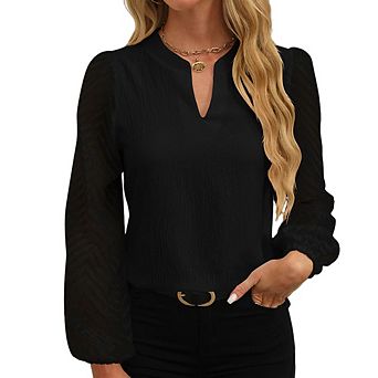 Women's Simple V-Neck Long Sleeve Top Fashion Lace Splice Chiffon Top Casual Daily Versatile Top