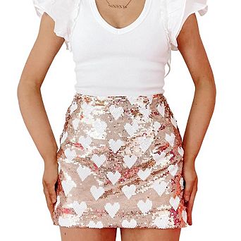 Sequin Heart Block Mini Skirt for Women Sparkly Skirt Stretchy Bodycon Glitter Skirt Night Out Party
