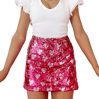 Sequin Heart Block Mini Skirt for Women Sparkly Skirt Stretchy Bodycon Glitter Skirt Night Out Party