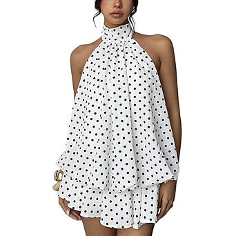 Women's Y2k Summer Halter Dress Tie Open Back Sleeveless Ruffle Hem Bubble Going Out Mini Dresses
