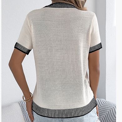 Women Short Sleeve Sweater Summer Round Neck Striped Pullover Cap Sleeve Knit Tops with Pocket