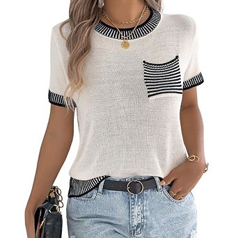 Women Short Sleeve Sweater Summer Round Neck Striped Pullover Cap Sleeve Knit Tops with Pocket