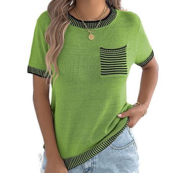 Women Short Sleeve Sweater Summer Round Neck Striped Pullover Cap Sleeve Knit Tops with Pocket